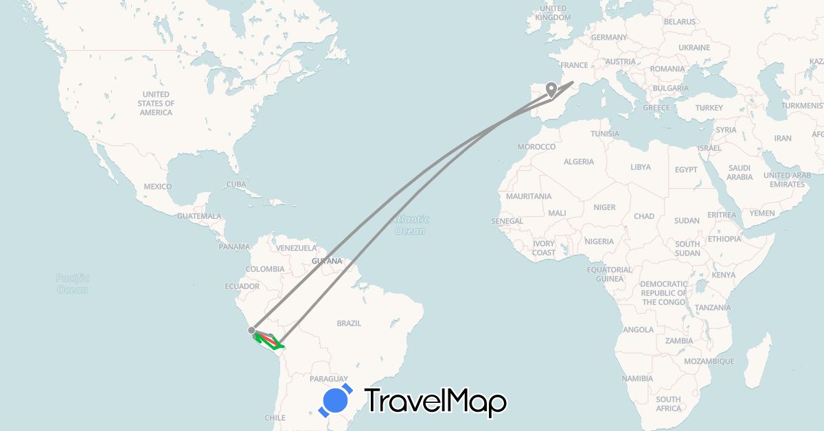 TravelMap itinerary: bus, plane, train, hiking, boat in Spain, France, Peru (Europe, South America)